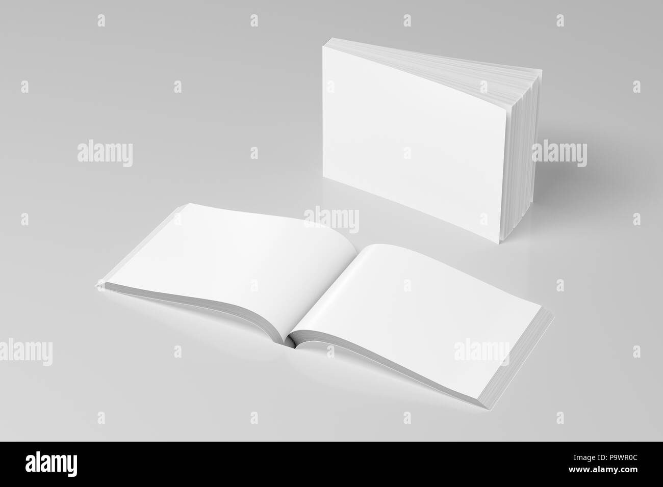 Blank white horizontal soft cover books open and standing on white