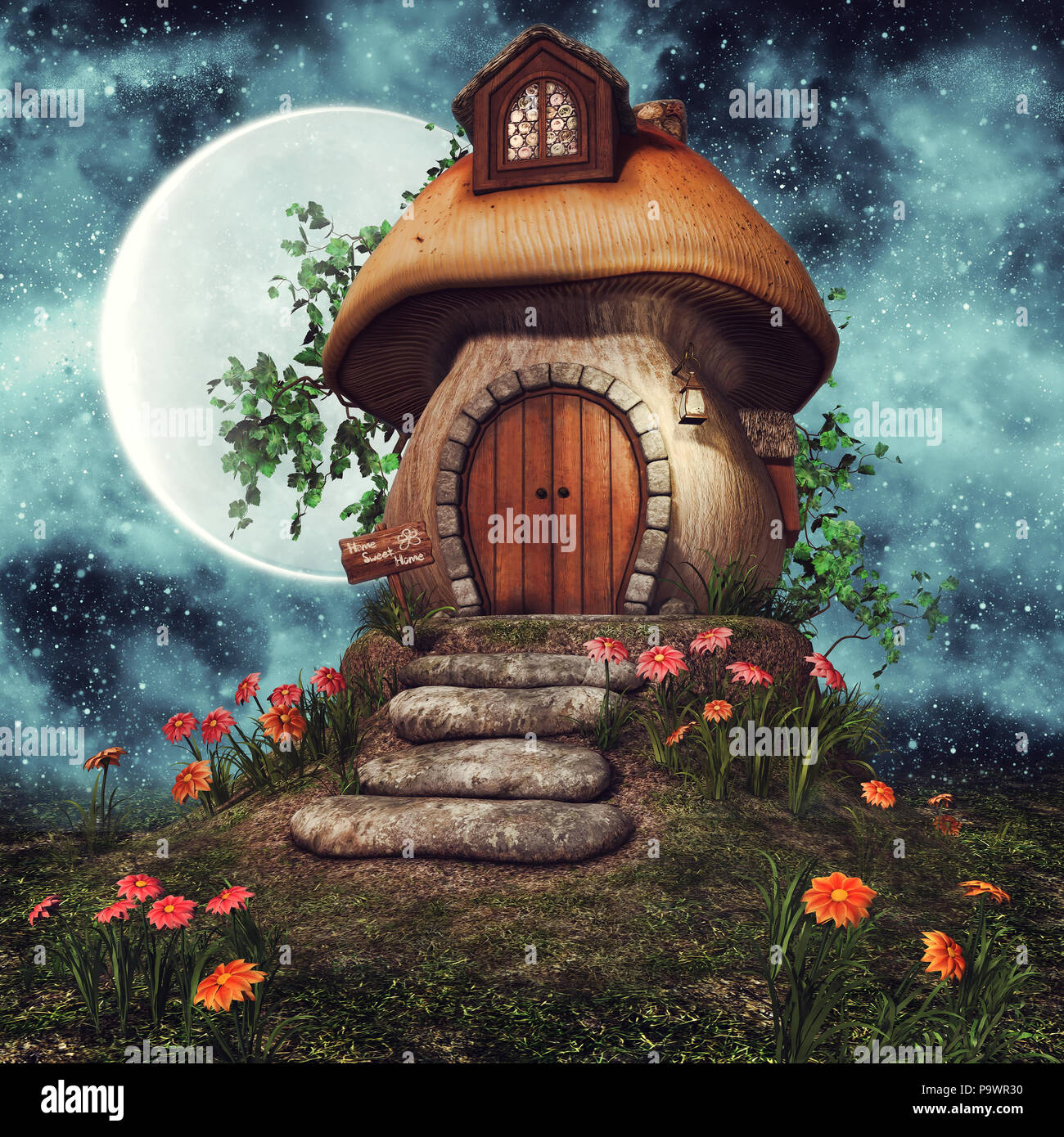 Colorful fairytale mushroom cottage with flowers and ivy at night. 3D render. Stock Photo