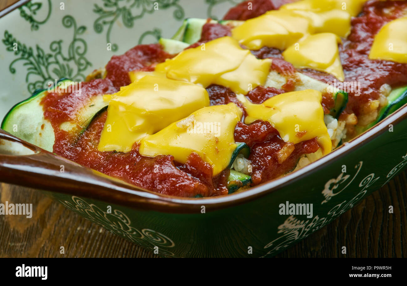Zucchini Enchiladas  Roll-Ups with Tomatillo Sauce Stock Photo