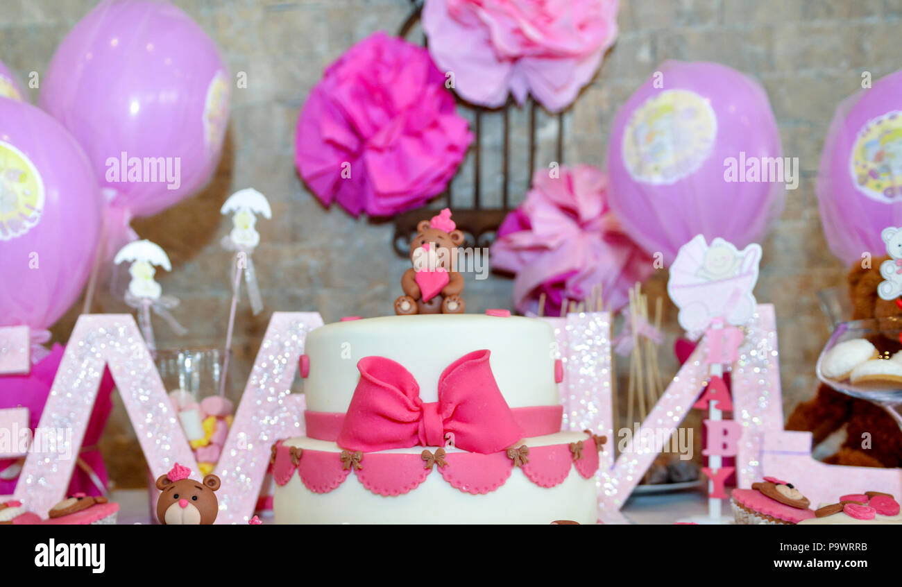 Baby Girl First Birthday Cake With Teddy Bear Image Of A Stock Photo