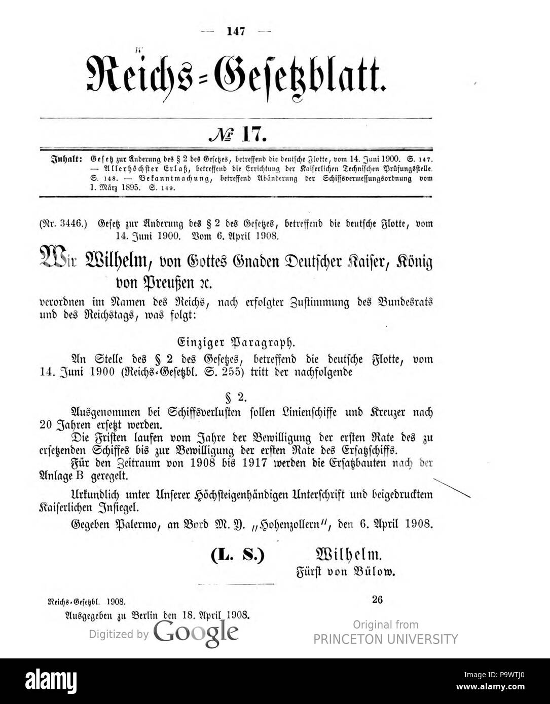 427 Deutsches Reichsgesetzblatt 1908 017 147 Stock Photo