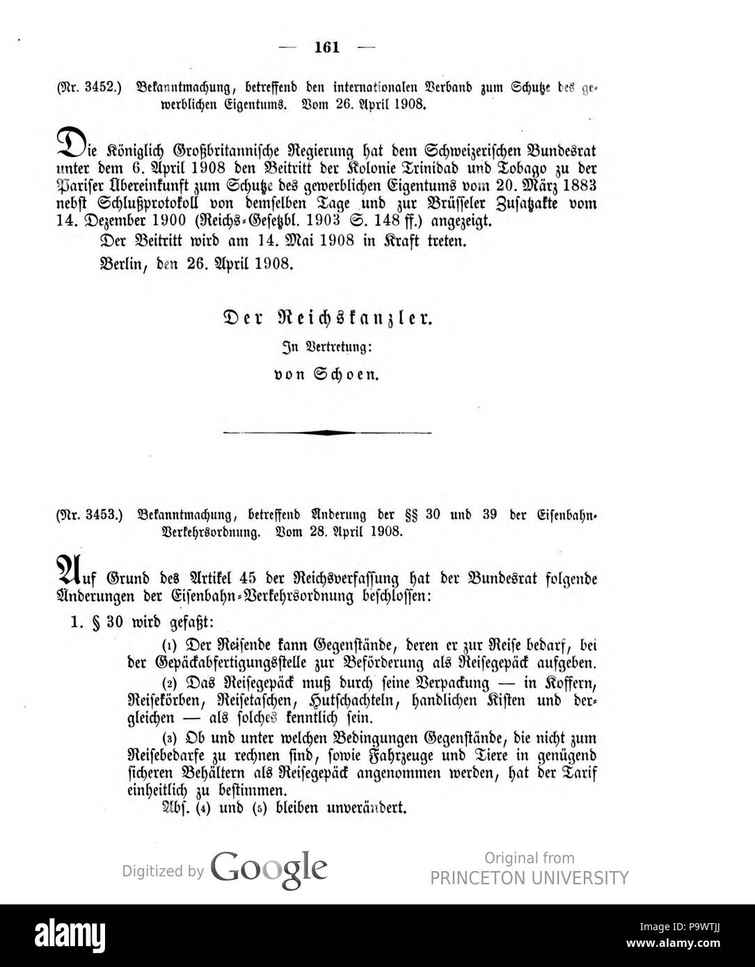 427 Deutsches Reichsgesetzblatt 1908 019 161 Stock Photo