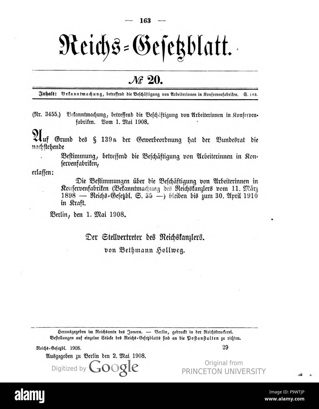 427 Deutsches Reichsgesetzblatt 1908 020 163 Stock Photo