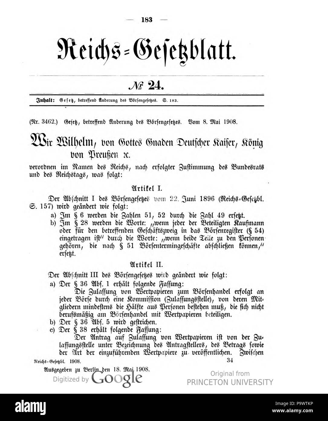 427 Deutsches Reichsgesetzblatt 1908 024 183 Stock Photo