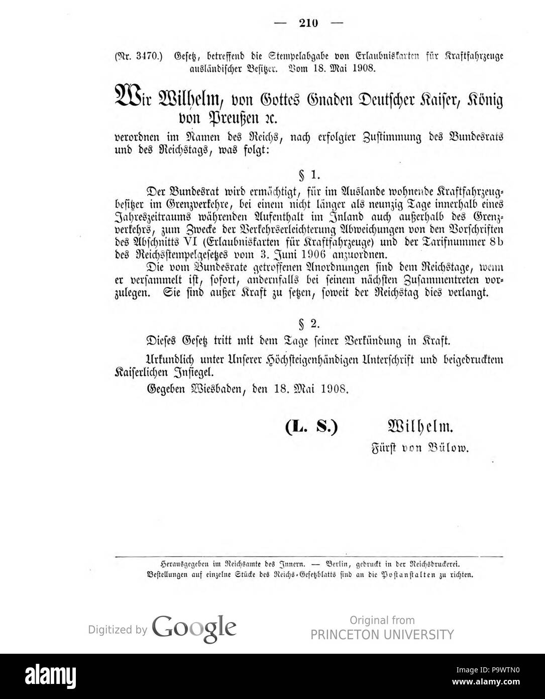 427 Deutsches Reichsgesetzblatt 1908 025 210 Stock Photo