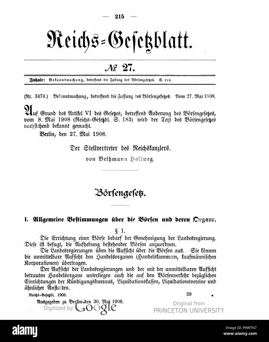 427 Deutsches Reichsgesetzblatt 1908 027 215 Stock Photo