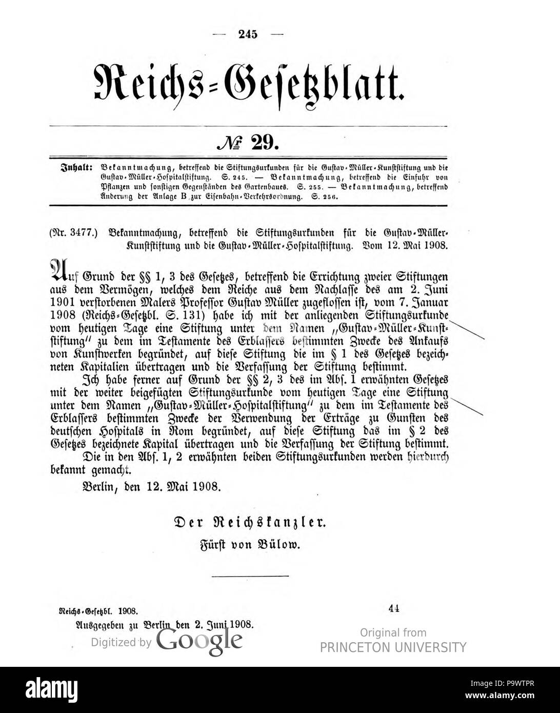 427 Deutsches Reichsgesetzblatt 1908 029 245 Stock Photo
