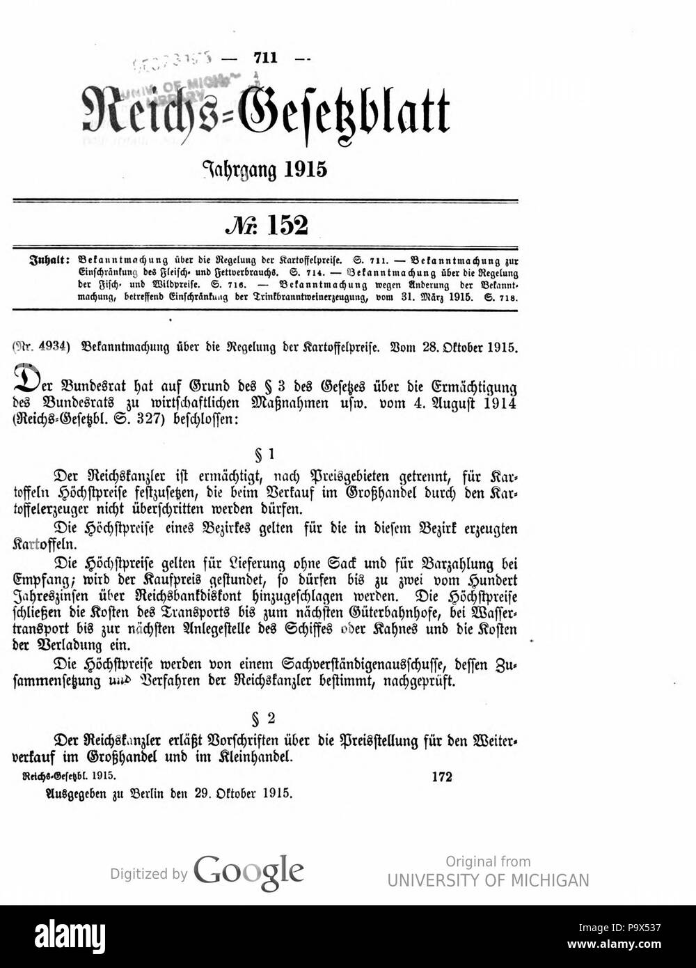 461 Deutsches Reichsgesetzblatt 1915 152 711 Stock Photo