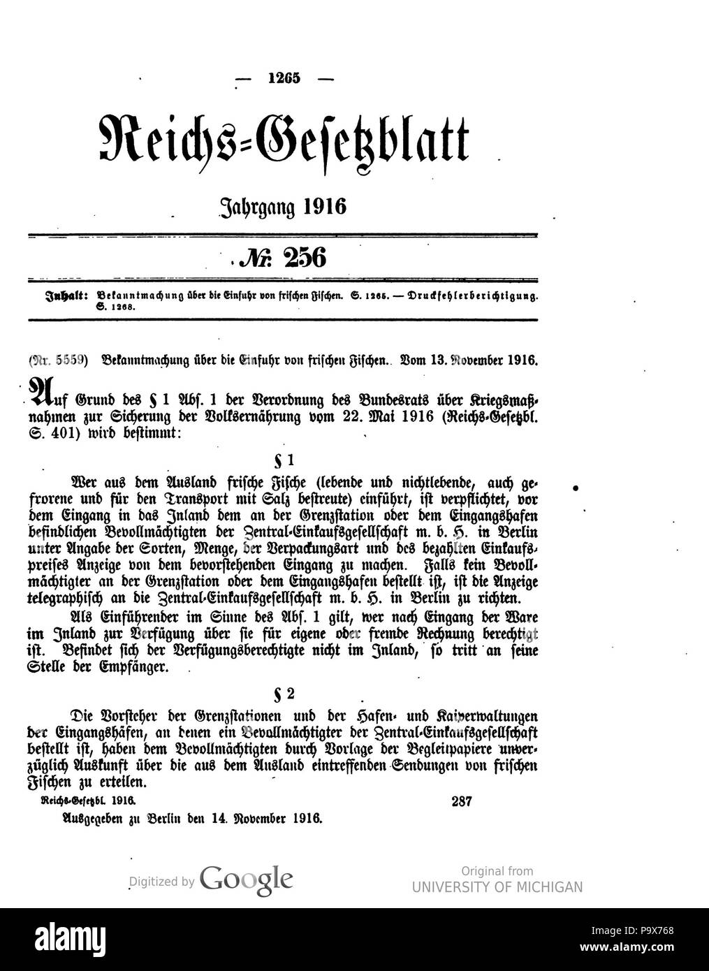 469 Deutsches Reichsgesetzblatt 1916 256 1265 Stock Photo