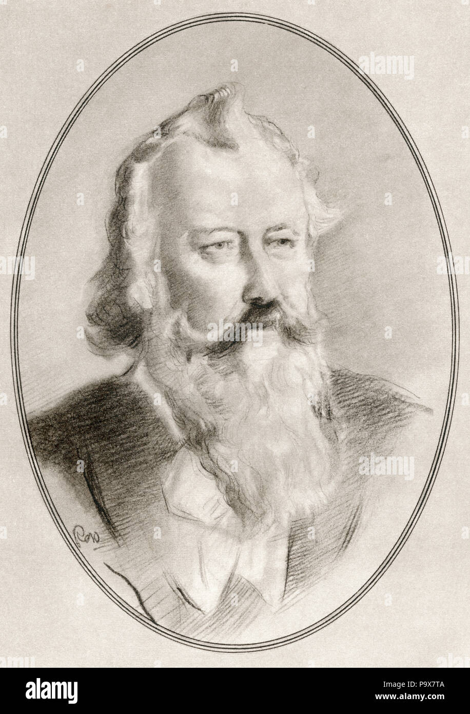 Johannes Brahms, 1833 – 1897.  German composer and pianist of the Romantic period.  Illustration by Gordon Ross, American artist and illustrator (1873-1946), from Living Biographies of Great Composers. Stock Photo