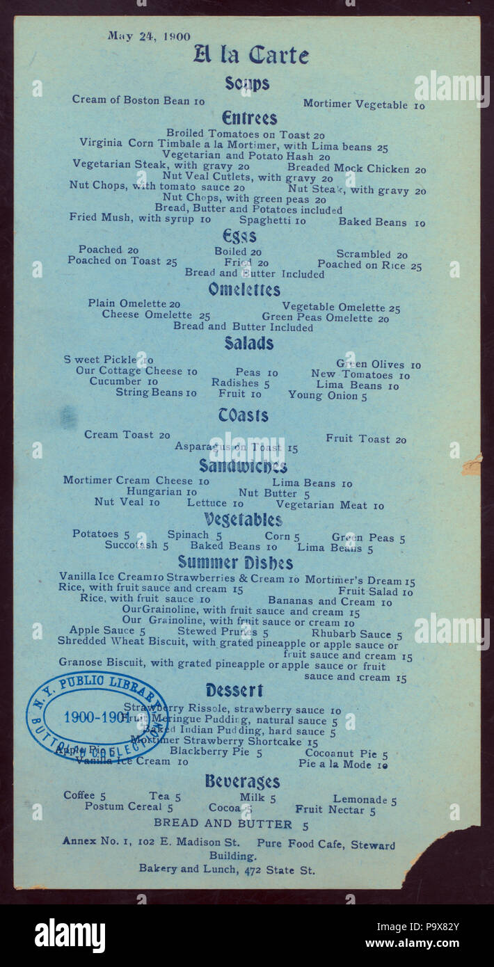 83 A LA CARTE MENU (held by) PURE FOOD CAFE (at) 102 MADISON ST.   (REST;) (NYPL Hades-273892-467307) Stock Photo