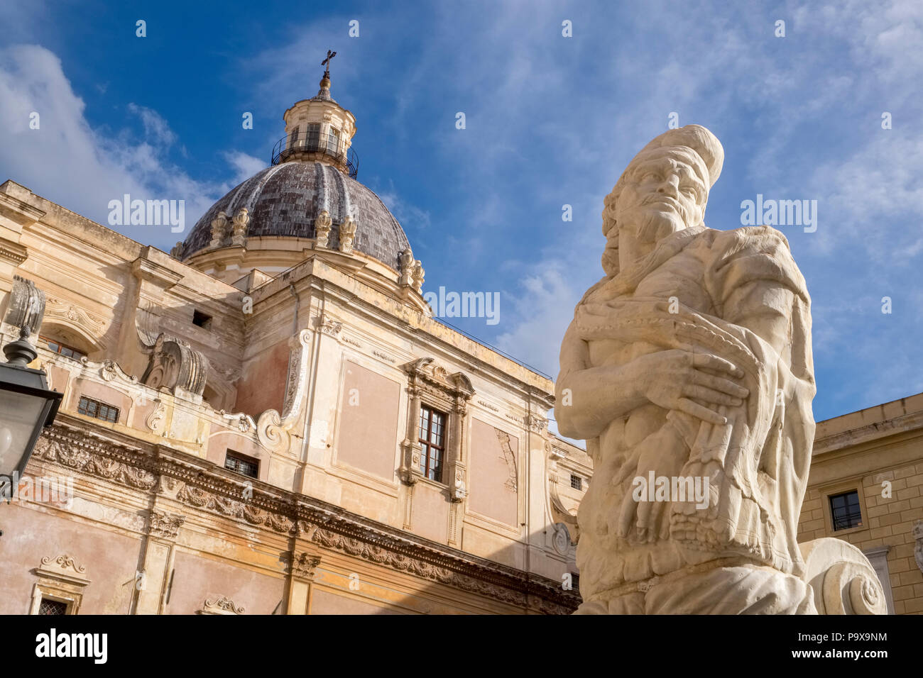 Part of the Fontana Pretoria, Praetorian Fountain, on Piazza Pretoria in Palermo, Sicily, Italy, Europe showing Santa Caterina dome in the background Stock Photo