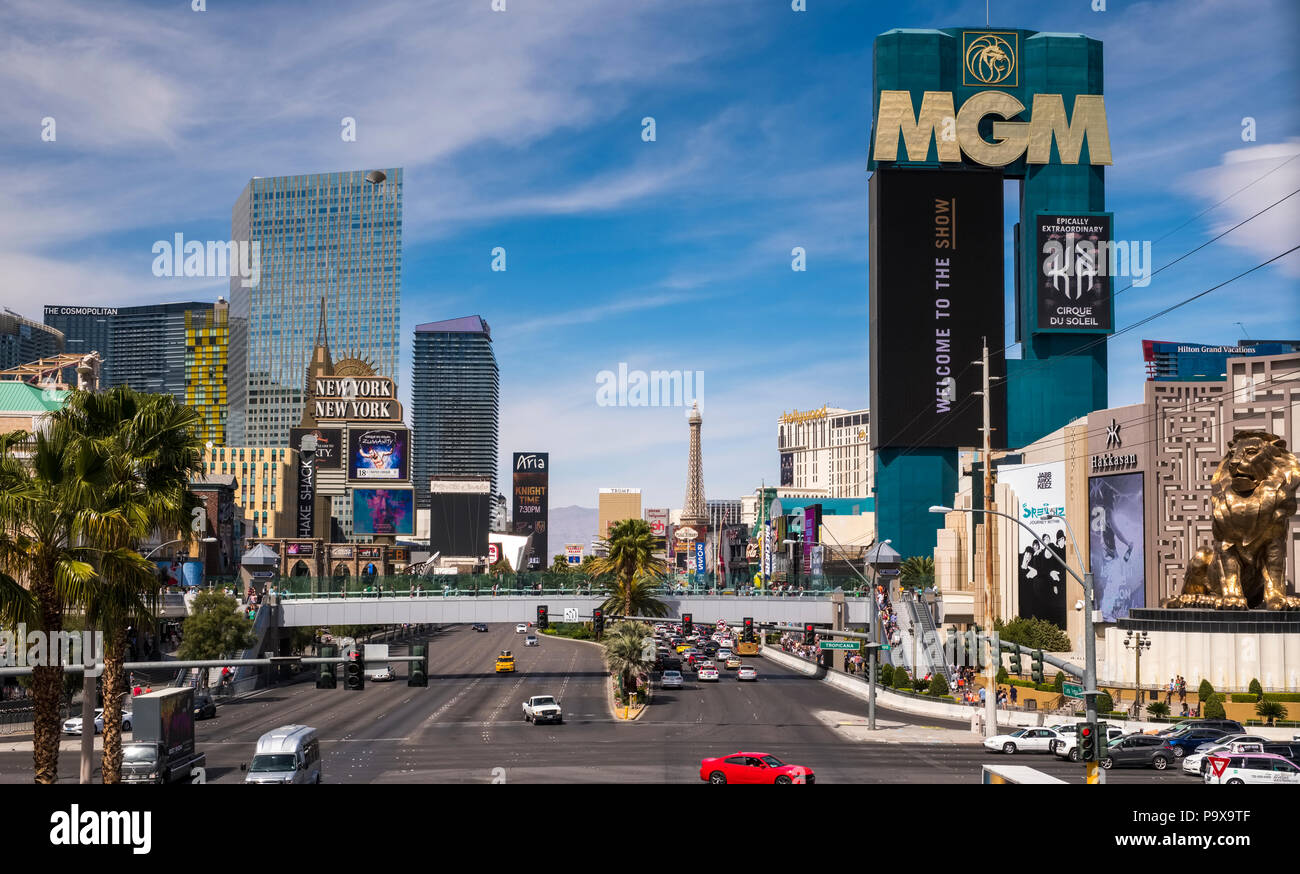 The Las Vegas Strip skyline, Las Vegas, Nevada, USA with traffic on the strip road Stock Photo