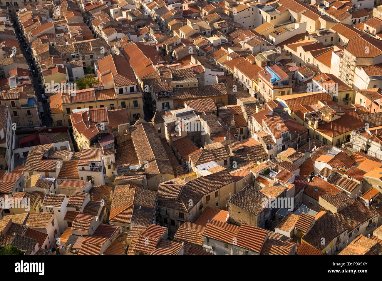 Sicily, Italy, Europe - Aerial view of the packed crowded city and red rooftops of Cefalu Stock Photo