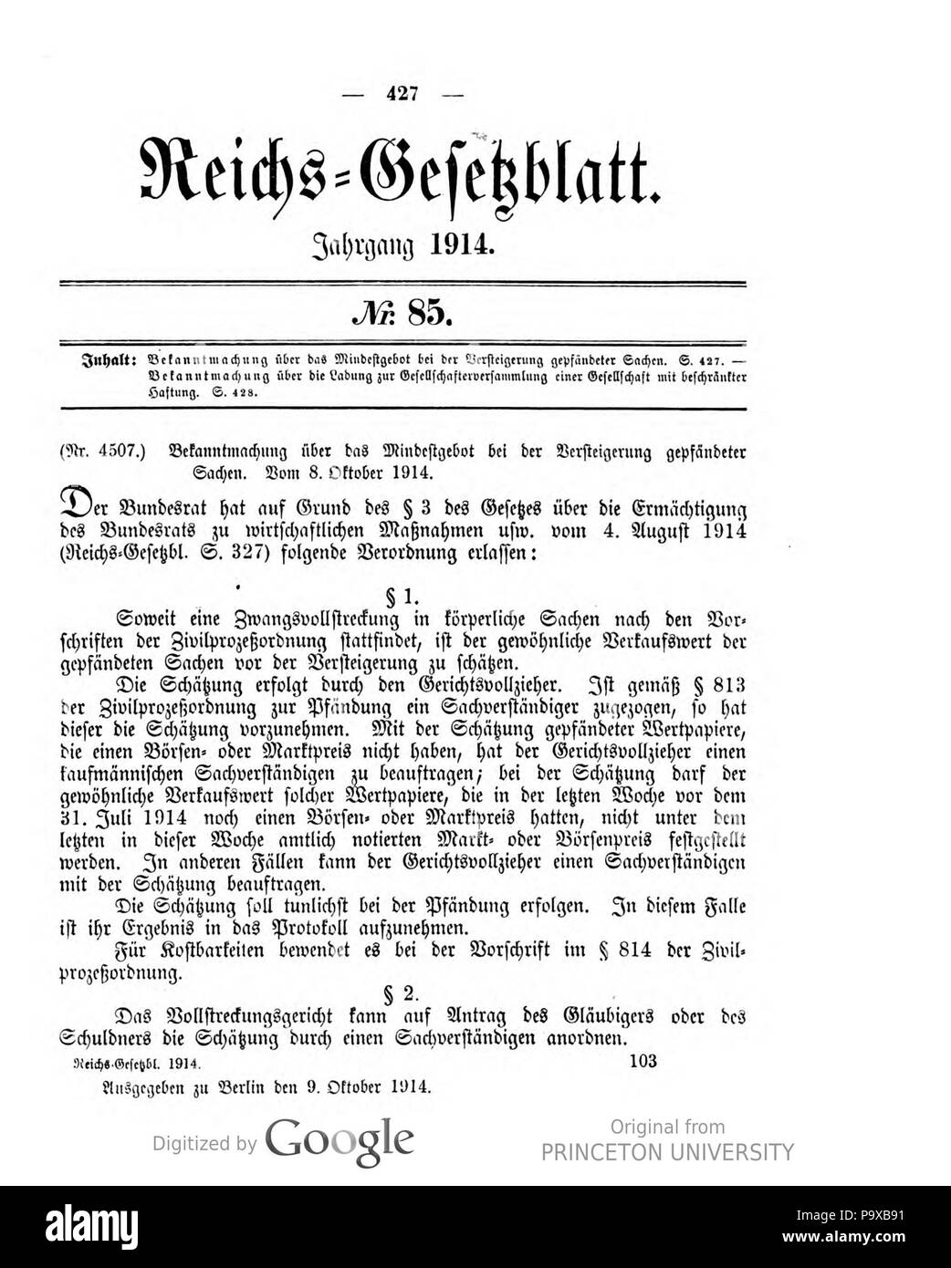 457 Deutsches Reichsgesetzblatt 1914 085 427 Stock Photo