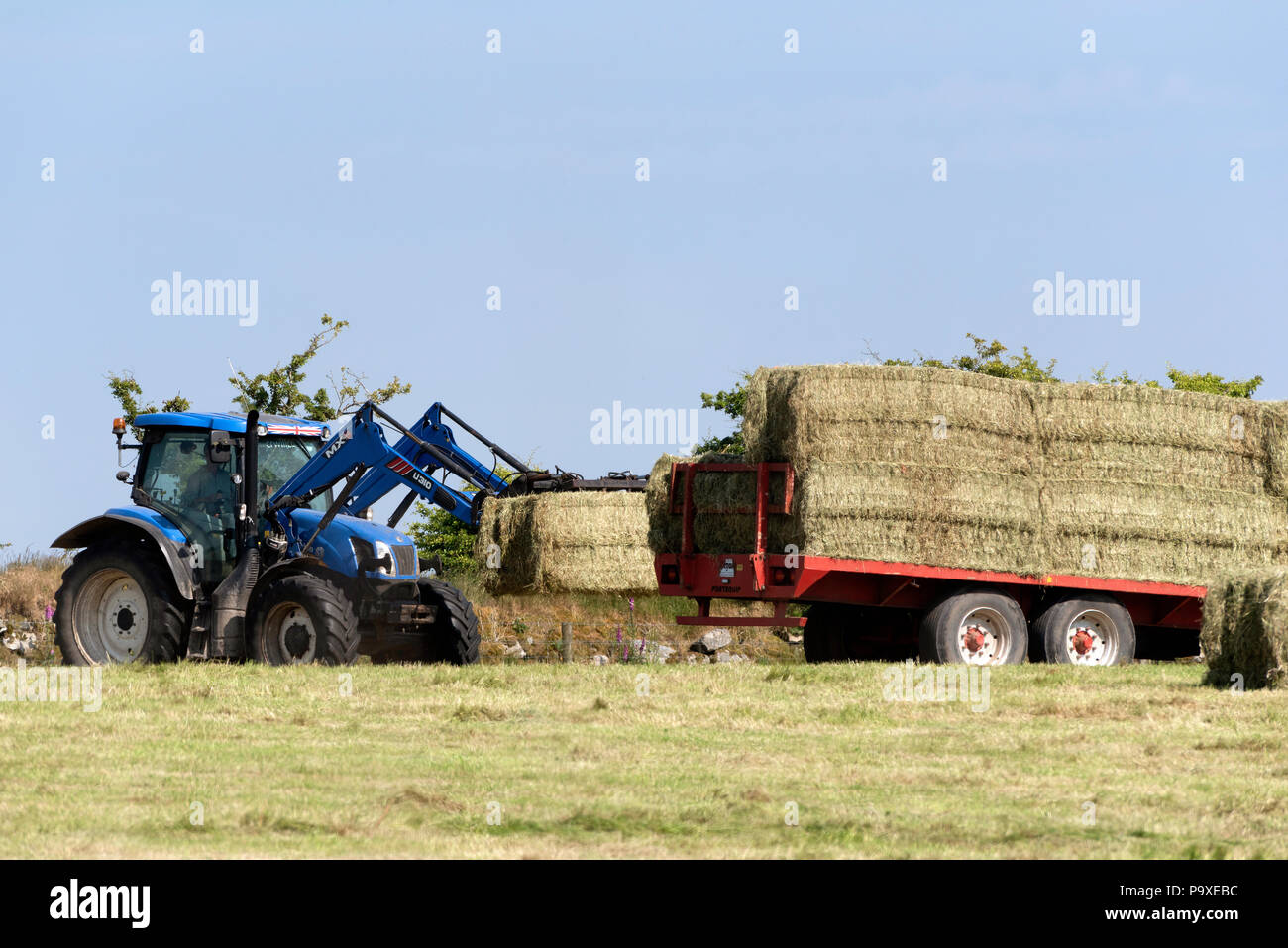 Tractor loading straw bales onto a farm vehicle trailer at harvest time