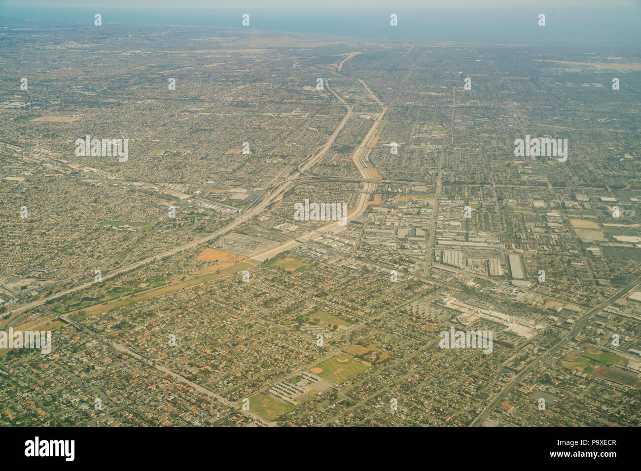 Aerial view of highway 105 and highway 605 intersection and San Gabriel river at Los Angeles County Stock Photo