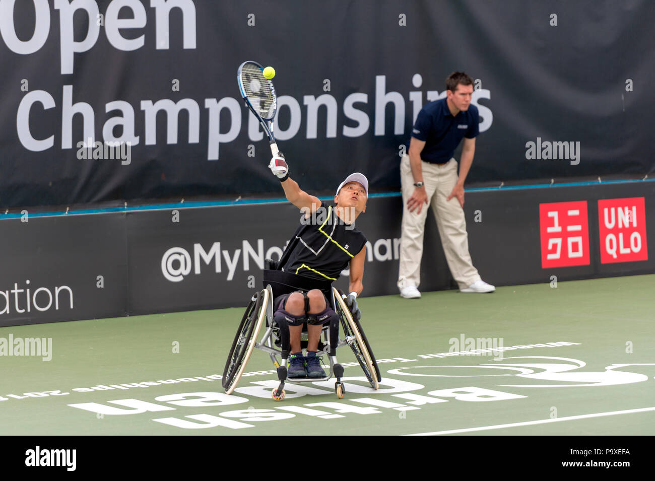 Shota Kawano in action in the men's British Open Wheelchair Tennis  Championships at the Nottingham Tennis centre July 2018 sponsored by UNIQLO  Stock Photo - Alamy