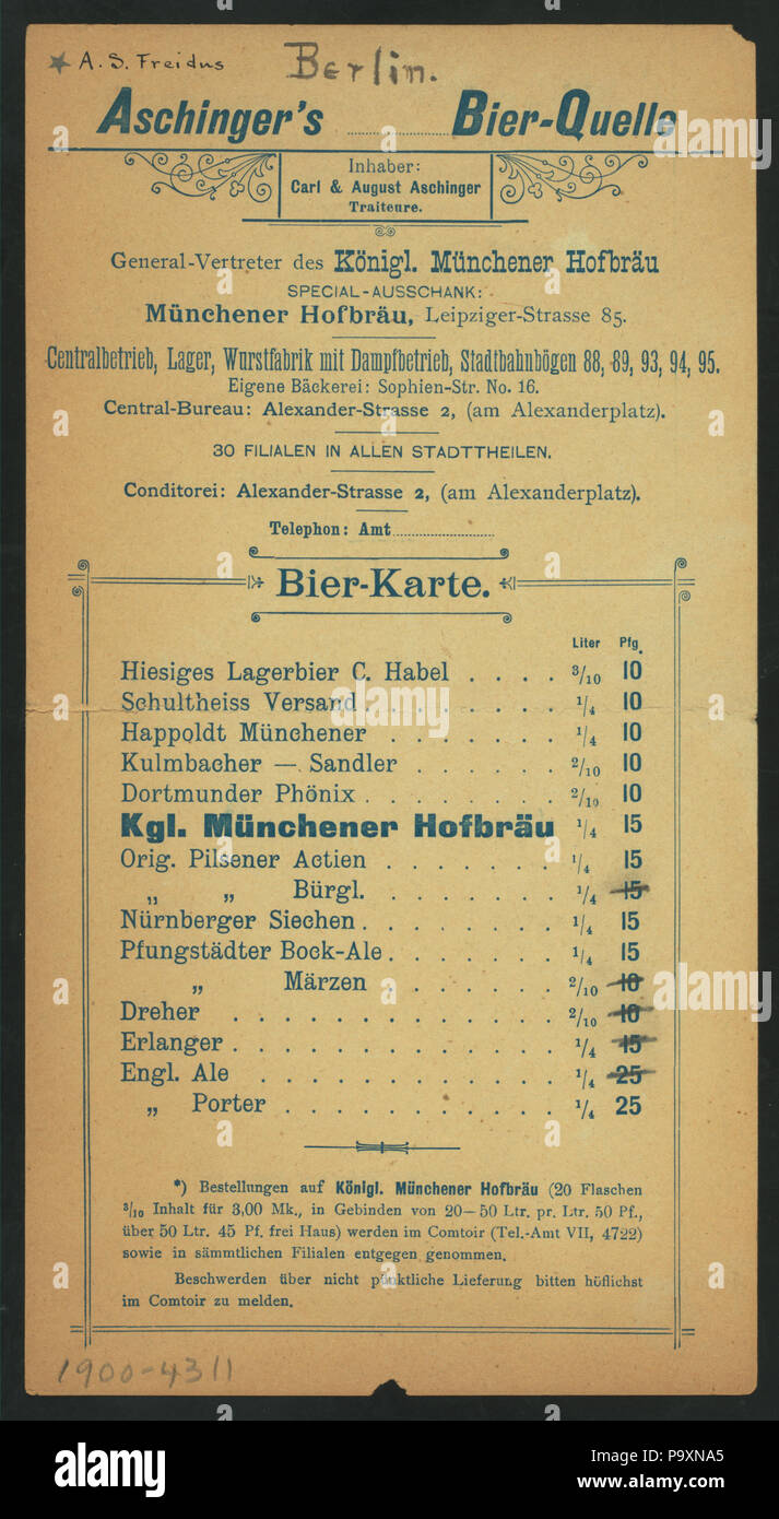 365 DAILY MENU (held by) ASCHINGER'S BIER-QUELLE (at) &quot;BERLIN,  GERMANY&quot; (FOR;) (NYPL Hades-274580-4000010787 Stock Photo - Alamy