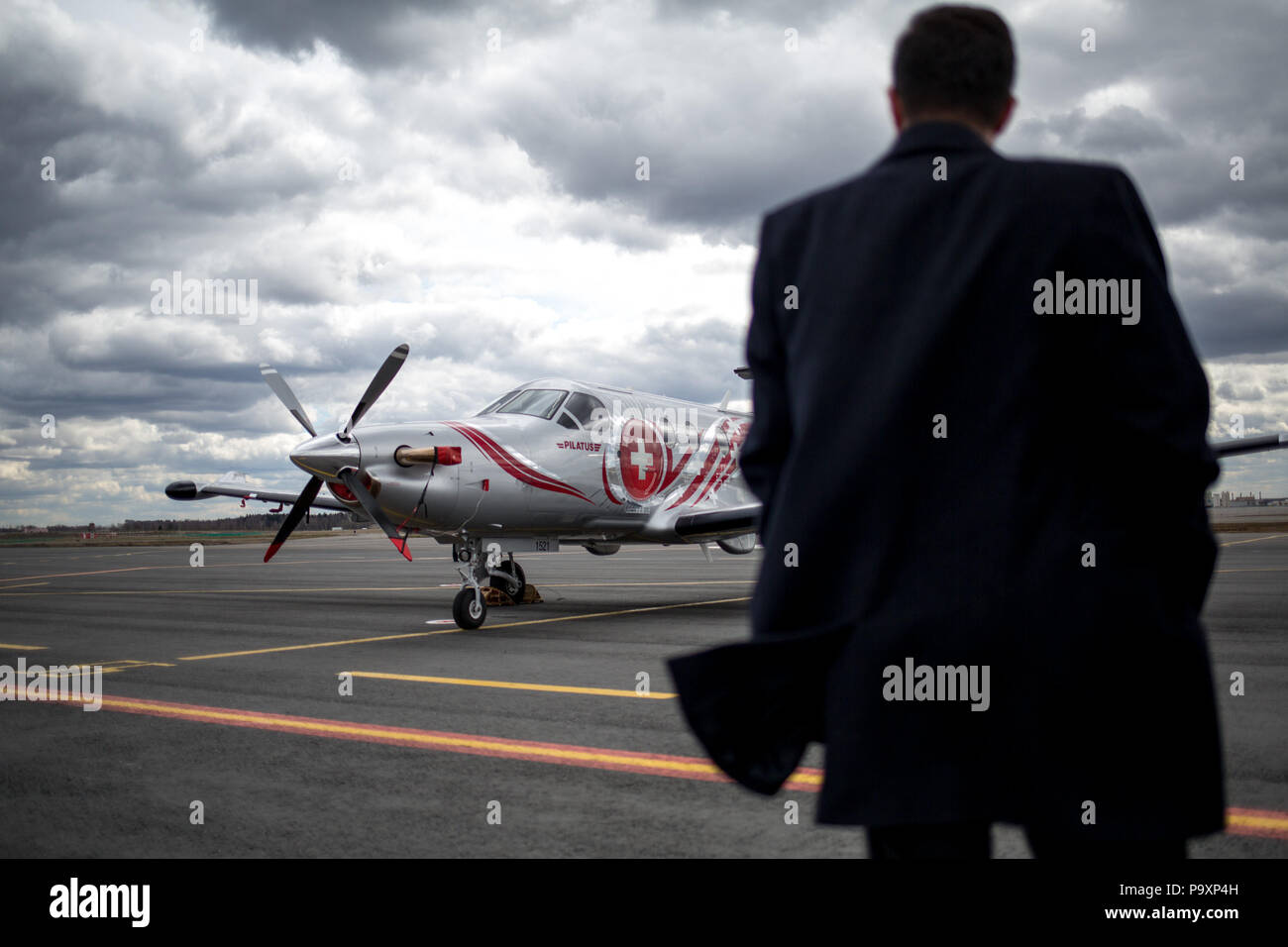 The Pilatus PC-12NG aircraft modified as a medical transportation airplane with Spectrum Aeromed equipment onboard pictured at Sheremetyevo Airport, M Stock Photo