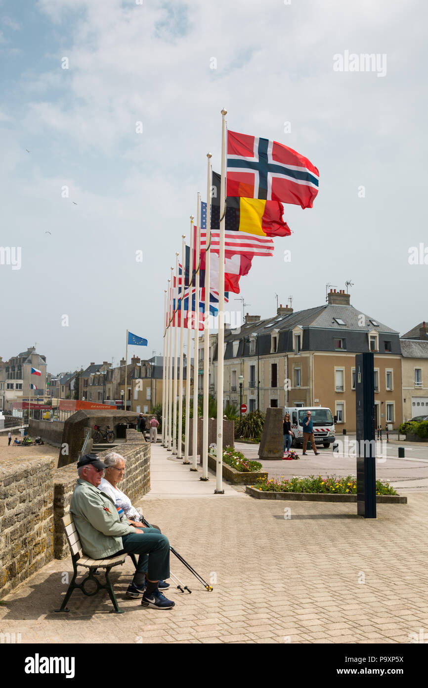 View of flags flying on the Normandy beaches, where D Day Landings of 1944, Normandy, France Stock Photo