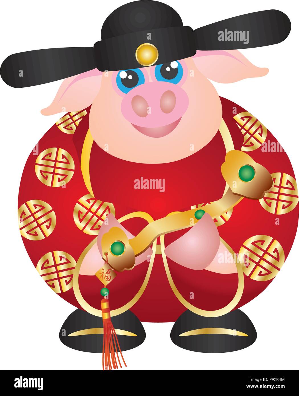 2019 Happy Chinese Lunar New Year of the Pig Prosperity Money God Holding Ruyi Scepter with Prosperity Text Illustration on White Background Stock Vector