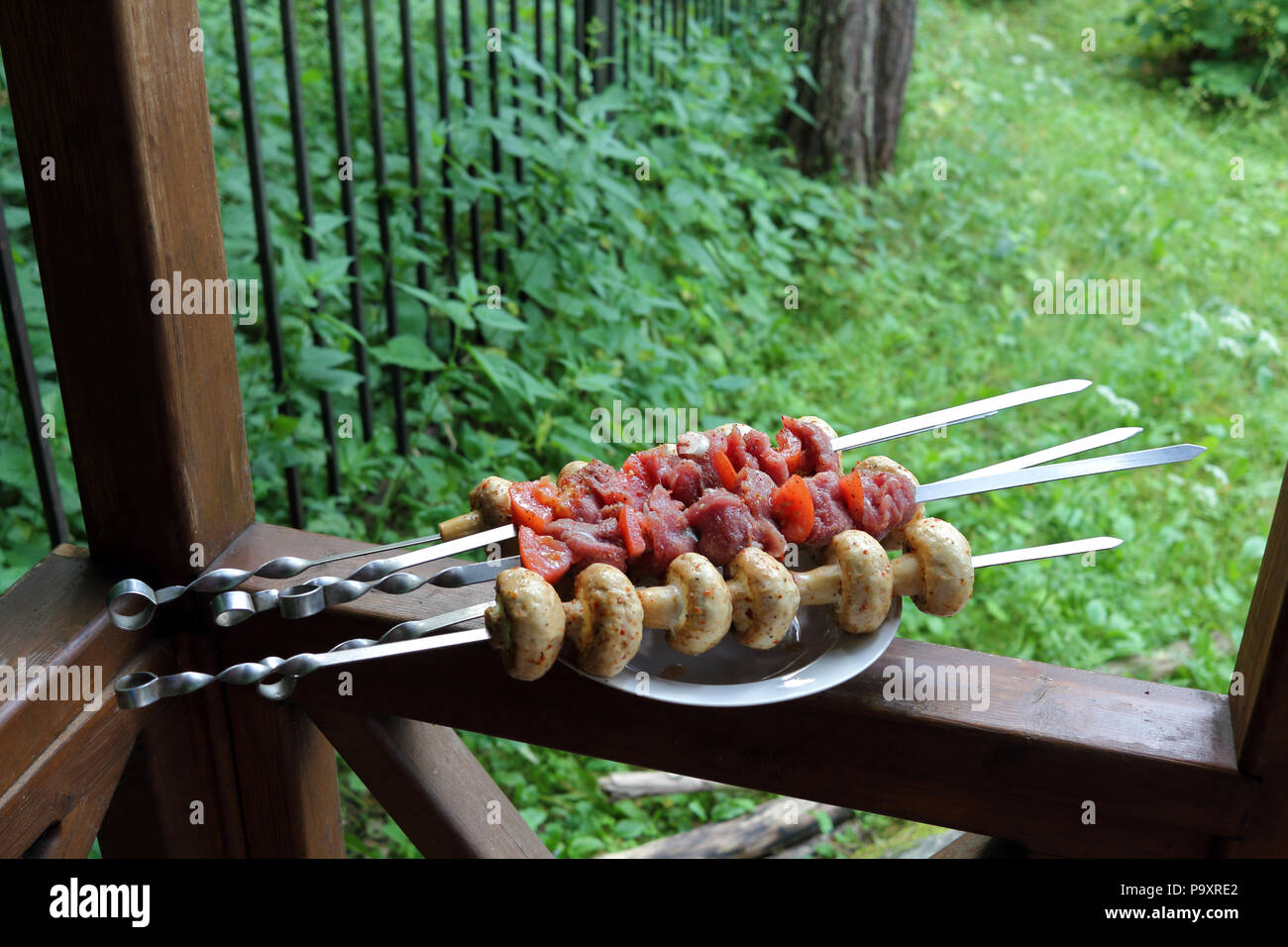 Kebab and mushrooms on the skewers ready to fry closeup photo Stock Photo