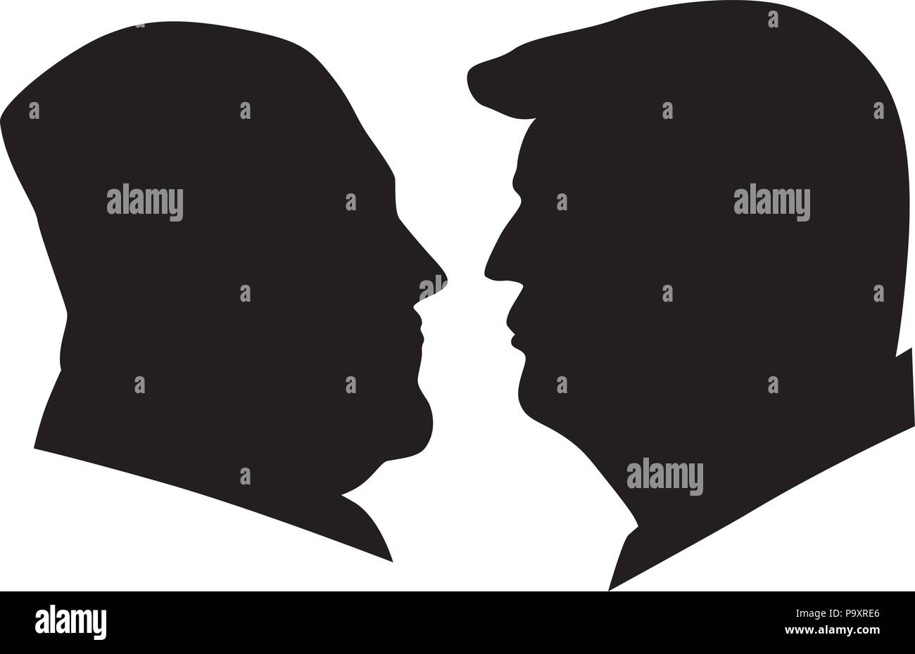 MAY 14, 2018: US President Donald Trump and Kim Jong Un black and white silhouettes Illustration.   Upcoming Summit June 2018 between USA and North Ko Stock Vector