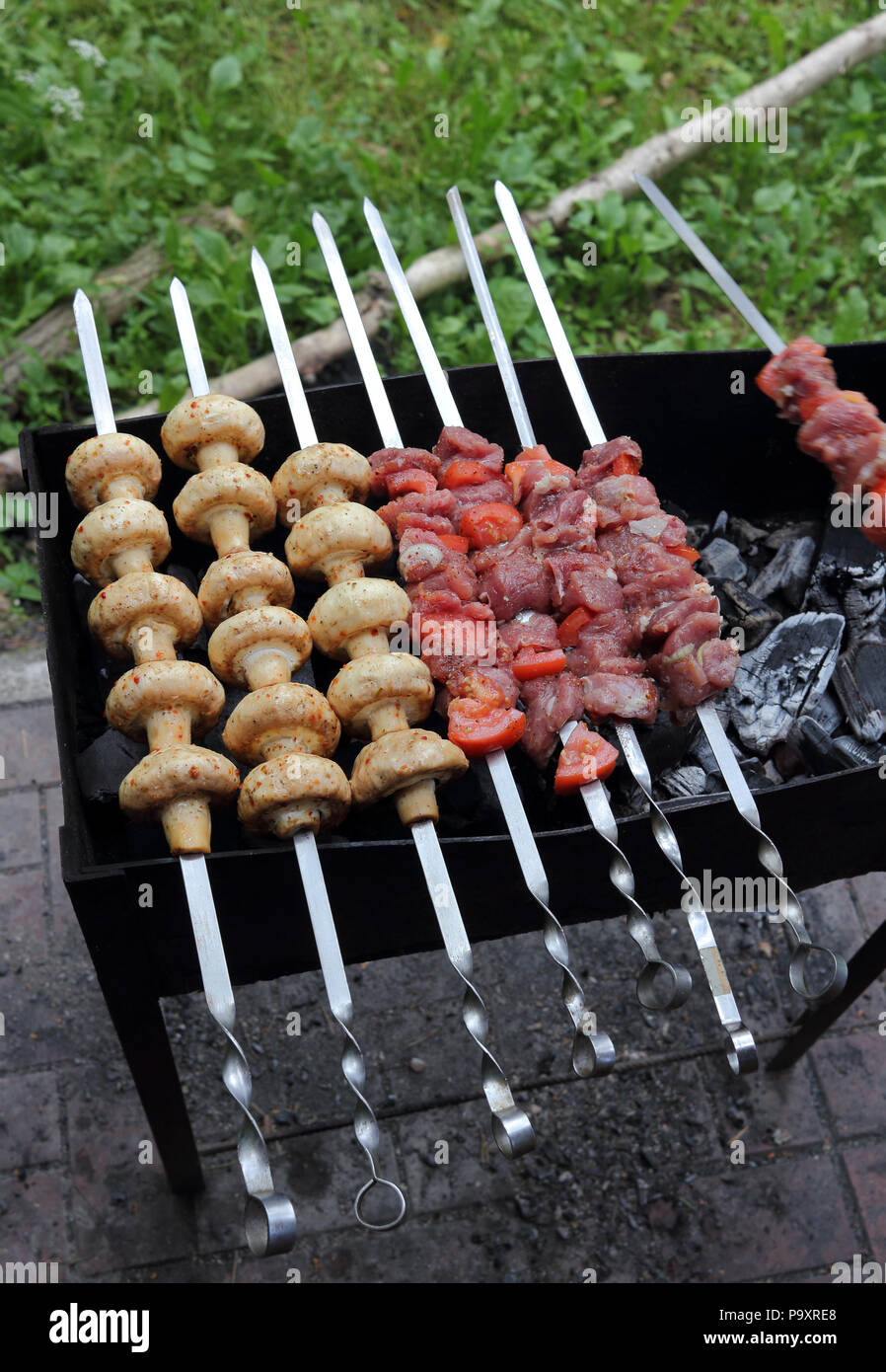 Kebab and mushrooms grilling on the skewers on the charcoals photo Stock Photo