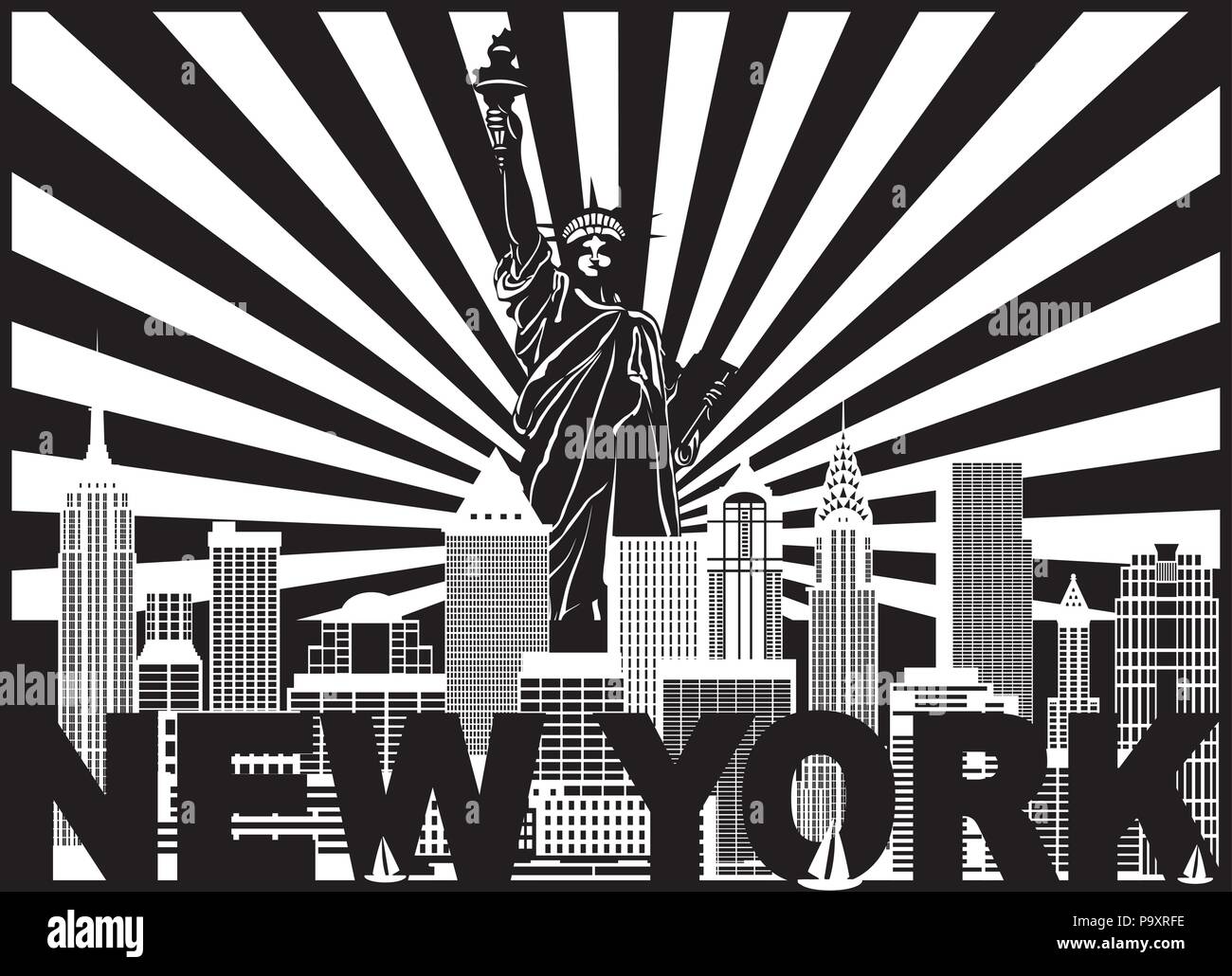 New York City Skyline with Statue of Liberty sun rays and text Black ...