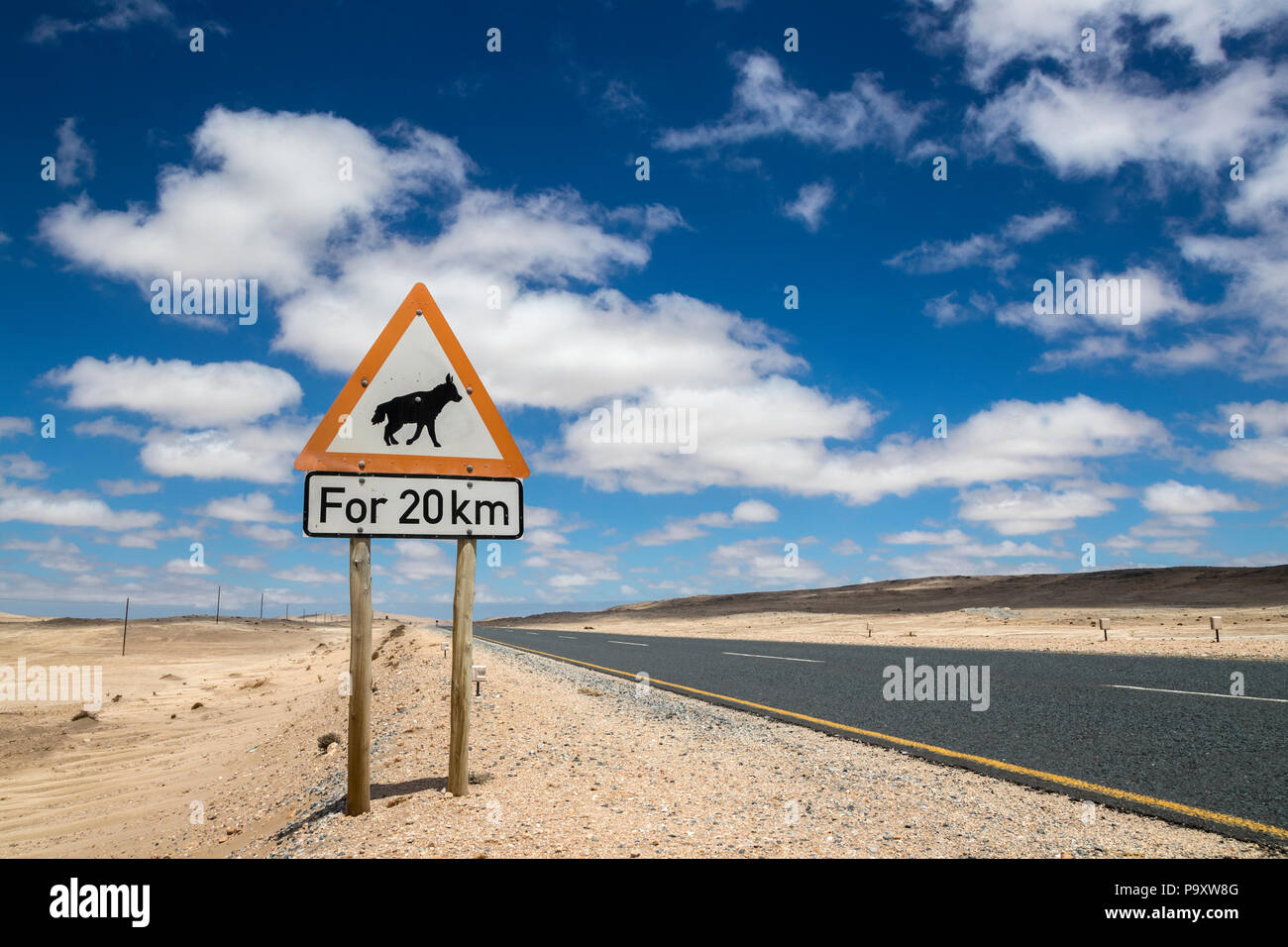 Road sign warning of brown hyaena, road to Luderitz, Namibia, February 2017 Stock Photo