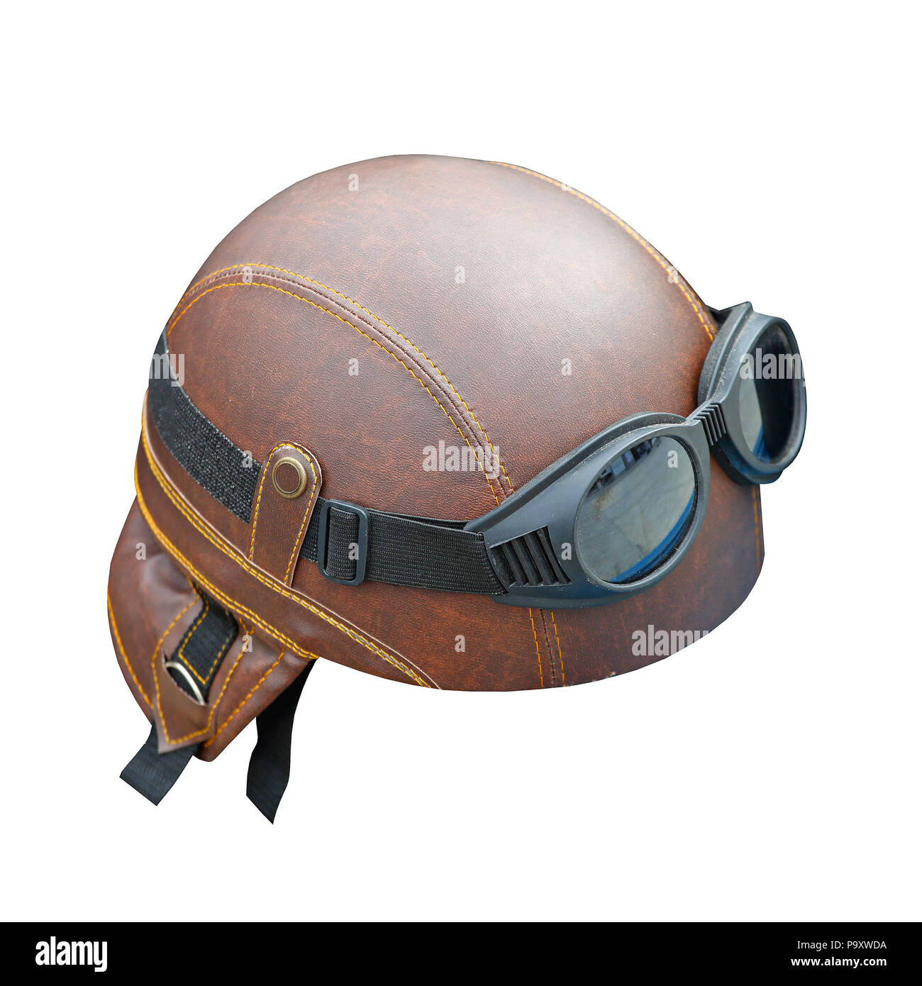 Leather helmet with goggles isolated included clipping path Stock Photo