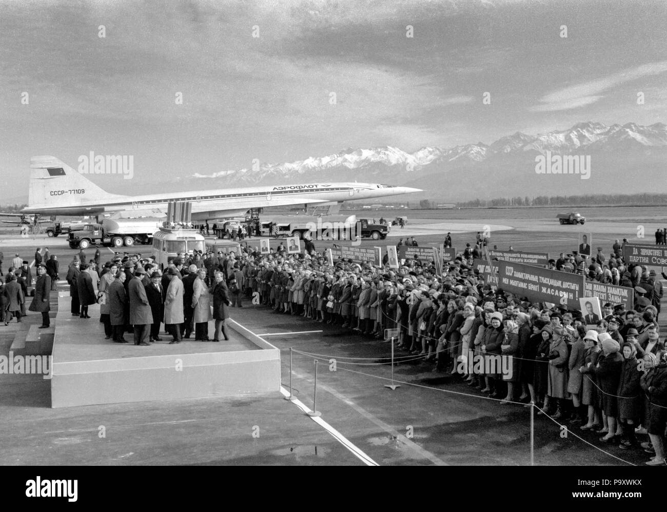 The Tupolev Tu-144 supersonic jet airplane of Aeroflot Soviet Airlines pictured during a welcome communist meeting dedicated to the first passenger fl Stock Photo