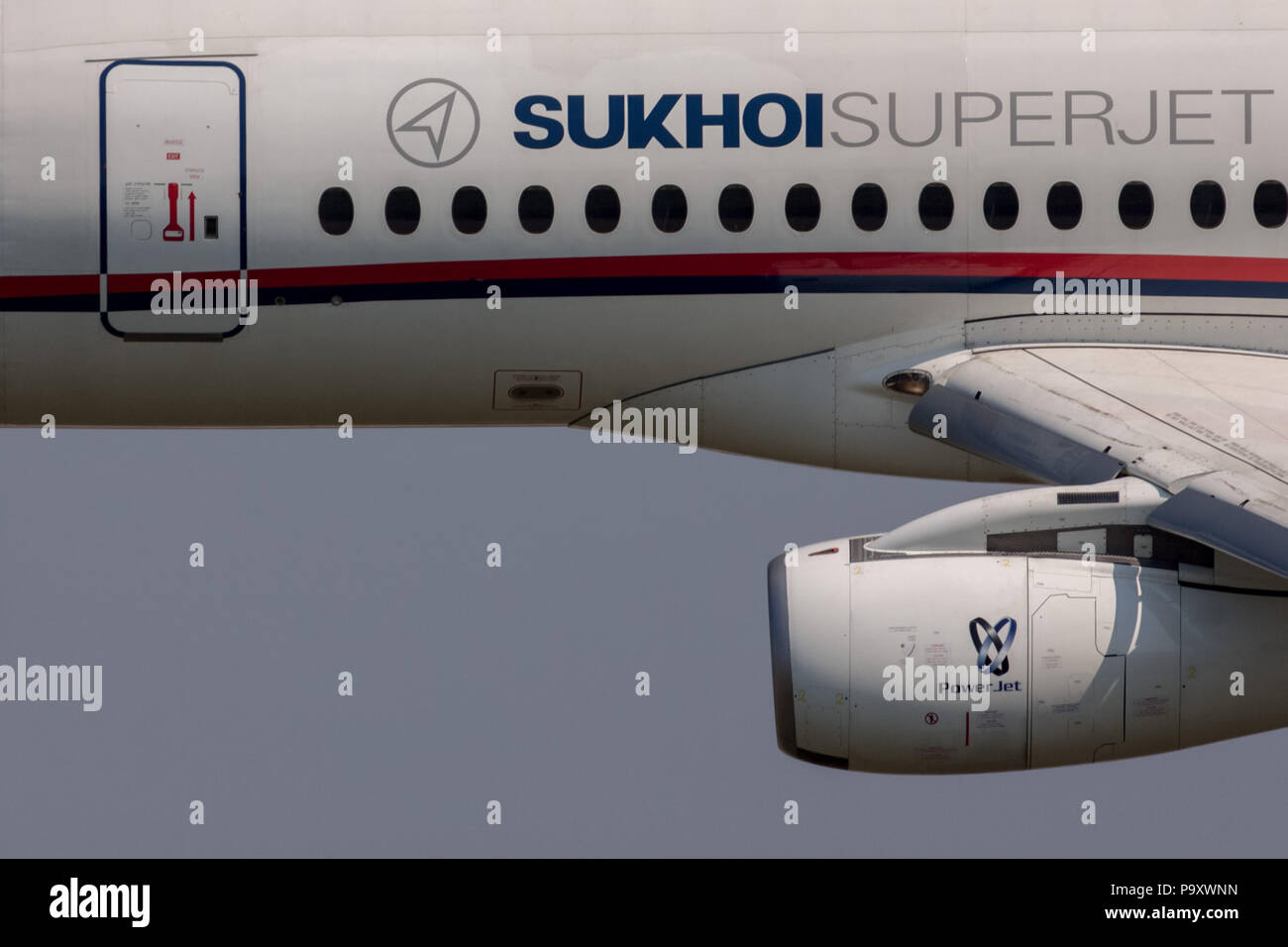 The Sukhoi Superjet-100 equipped with SaM-146 jet engines in the air at ...