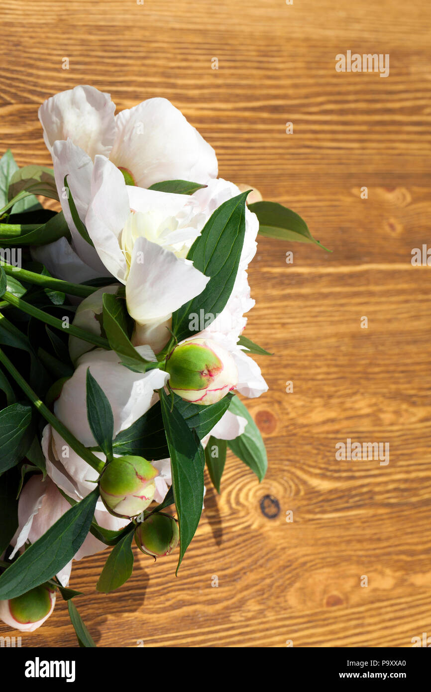 part of a beautiful bouquet of white peonies with green leaves, on a ...
