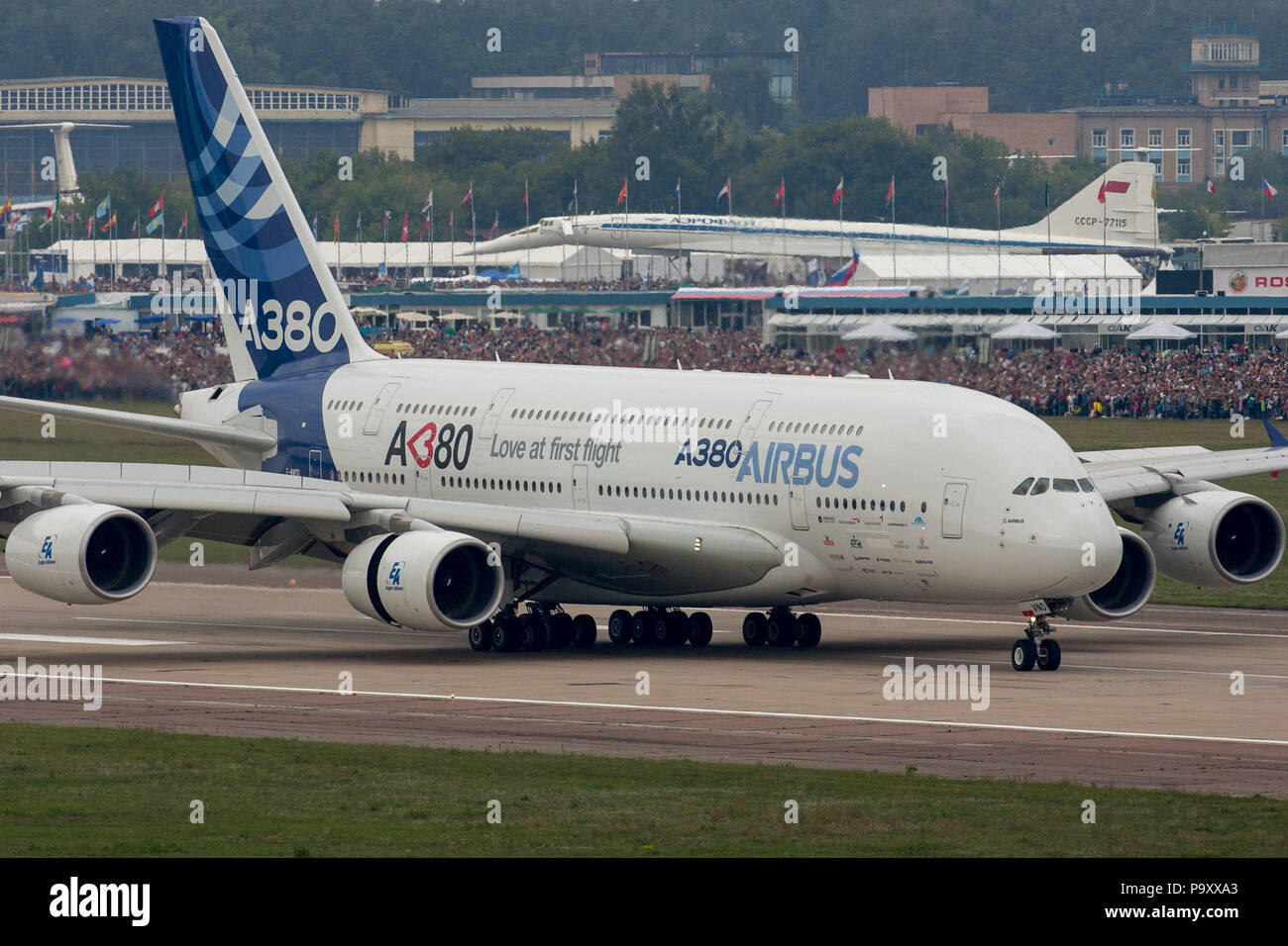 The Airbus A380 prepares to take off at MAKS-2011 airshow to perform its demonstration program. Stock Photo