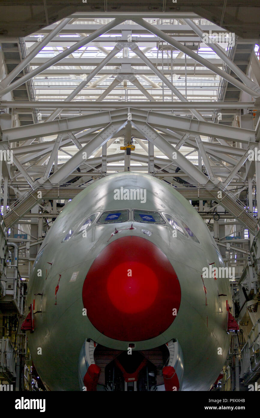 The Airbus A380 seen inside the assembly hall at the Airbus facility in Tolouse, France Stock Photo