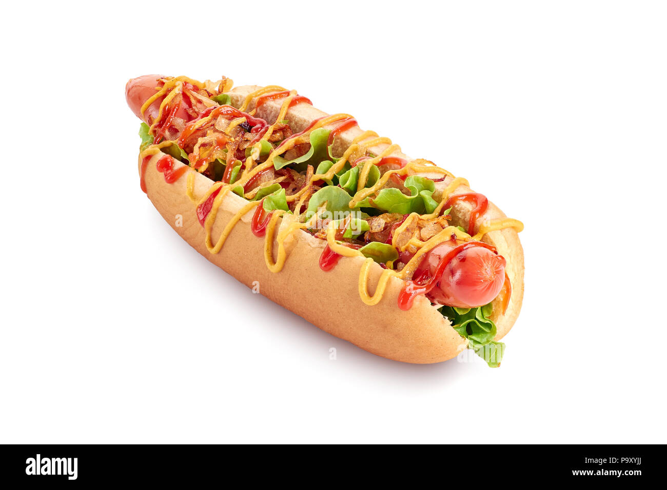 Hot dog with lettuce and fried onion on white Stock Photo Alamy