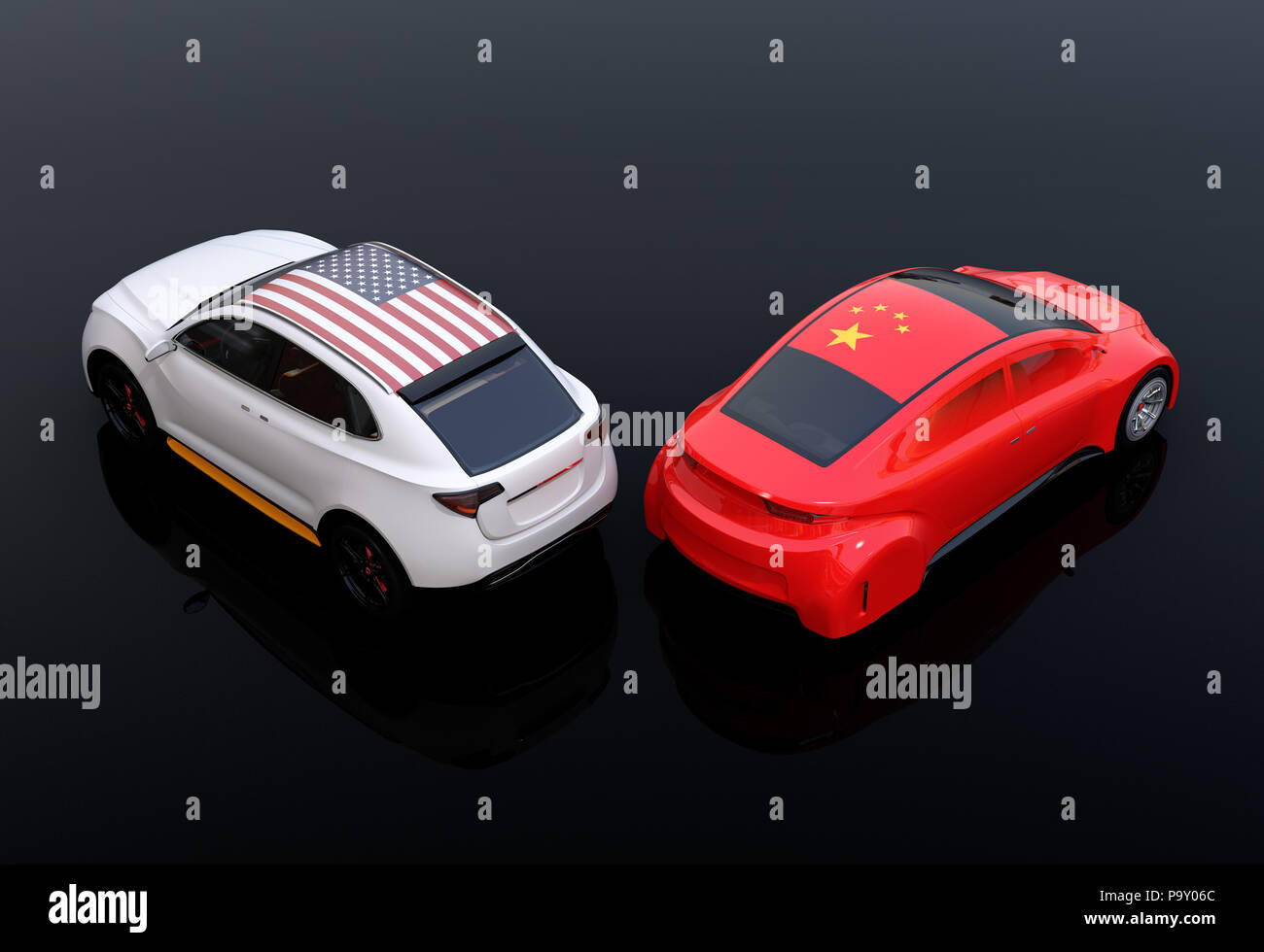 Two cars with China and US flags on the hood. black background. China USA trade war, American tariffs concept. 3D rendering image. Stock Photo