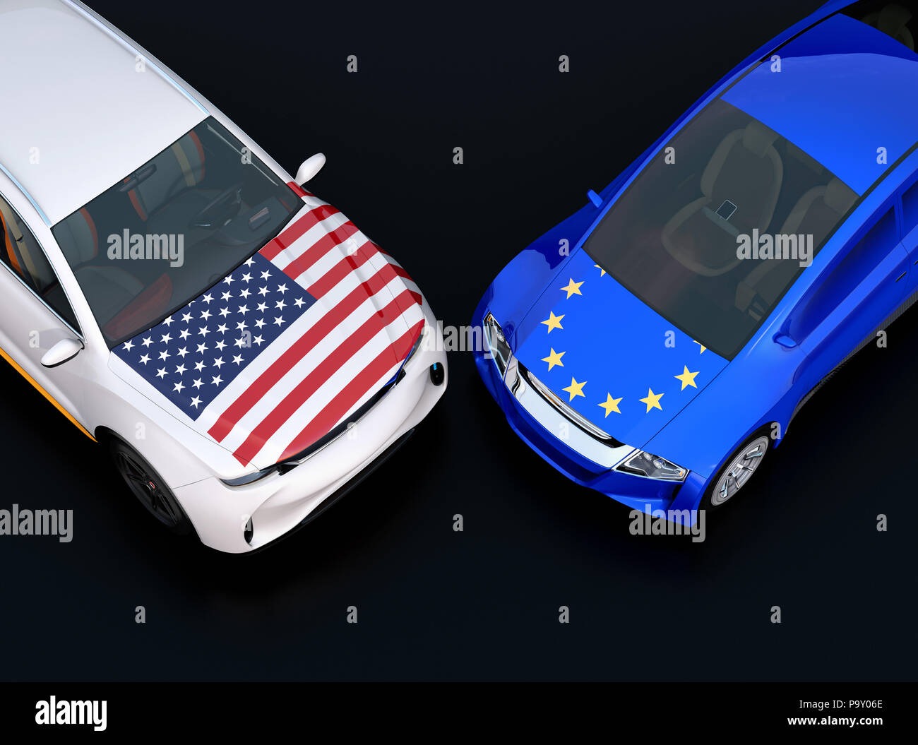 EU and US flags on two automobiles hood. black background. Europe USA trade war, American tariffs concept. 3D rendering image. Stock Photo