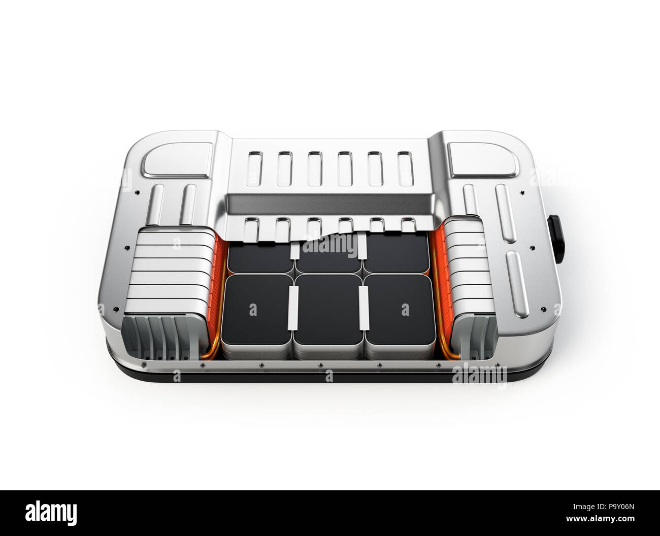 Cutaway view of electric vehicle battery pack on white background. 3D rendering image. Stock Photo