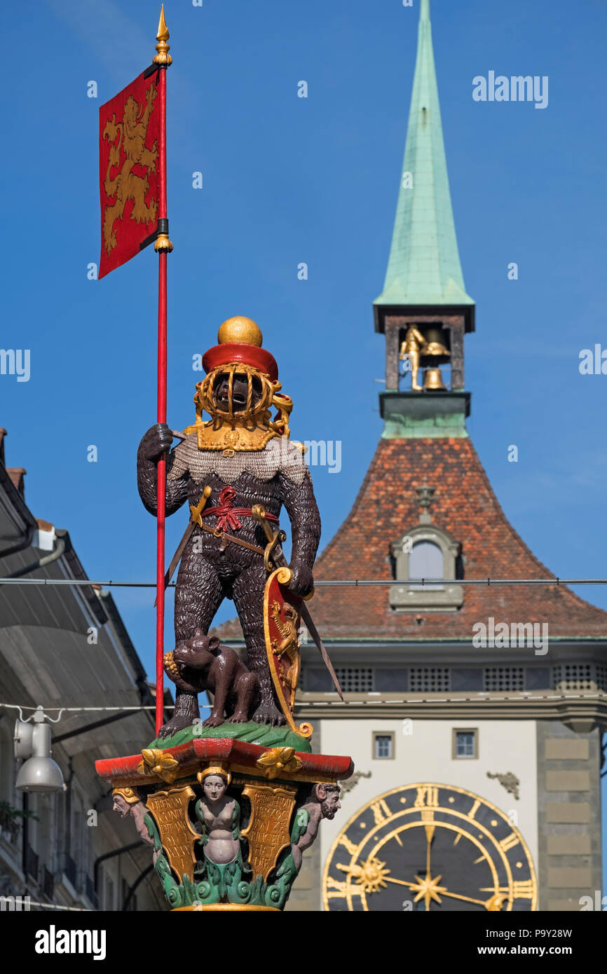 Zähringen fountain bear statue and Zytglogge clock tower Old Town Bern Switzerland Stock Photo