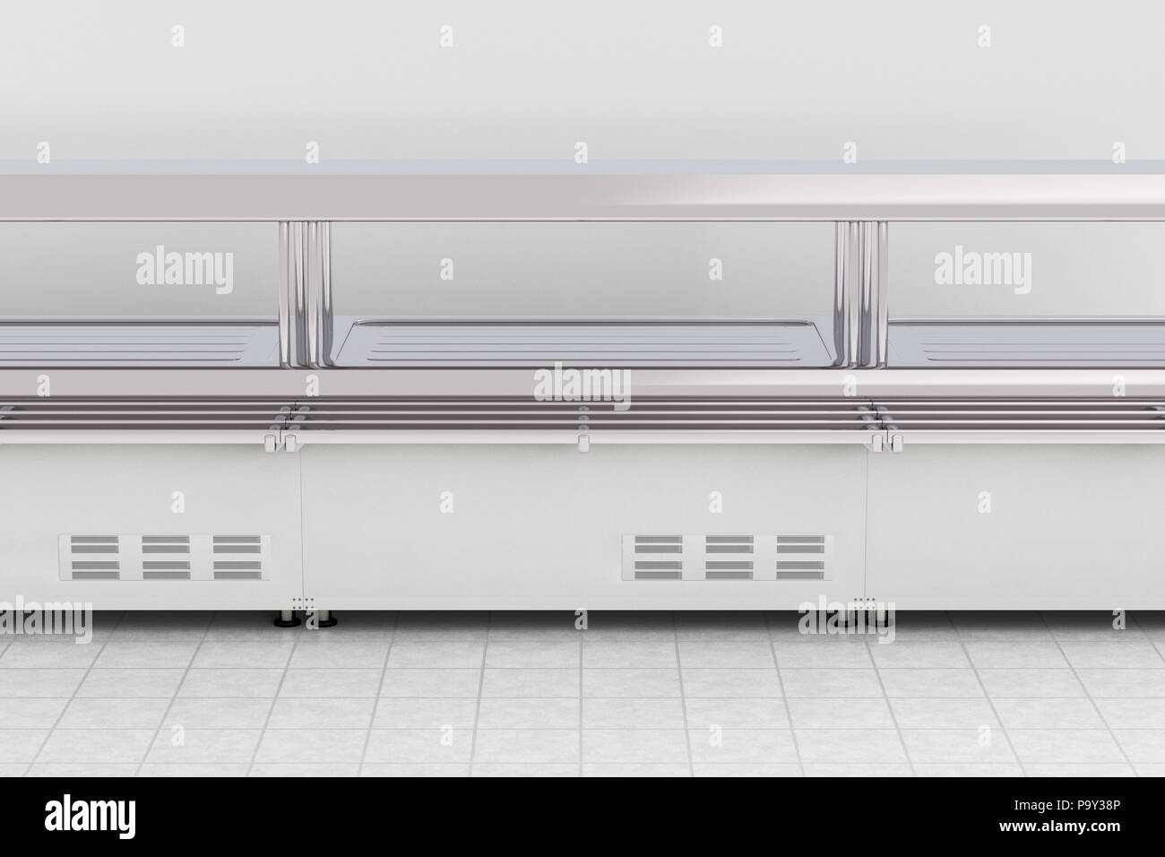 Empty food service counter with refrigerated display. 3d illustration ...