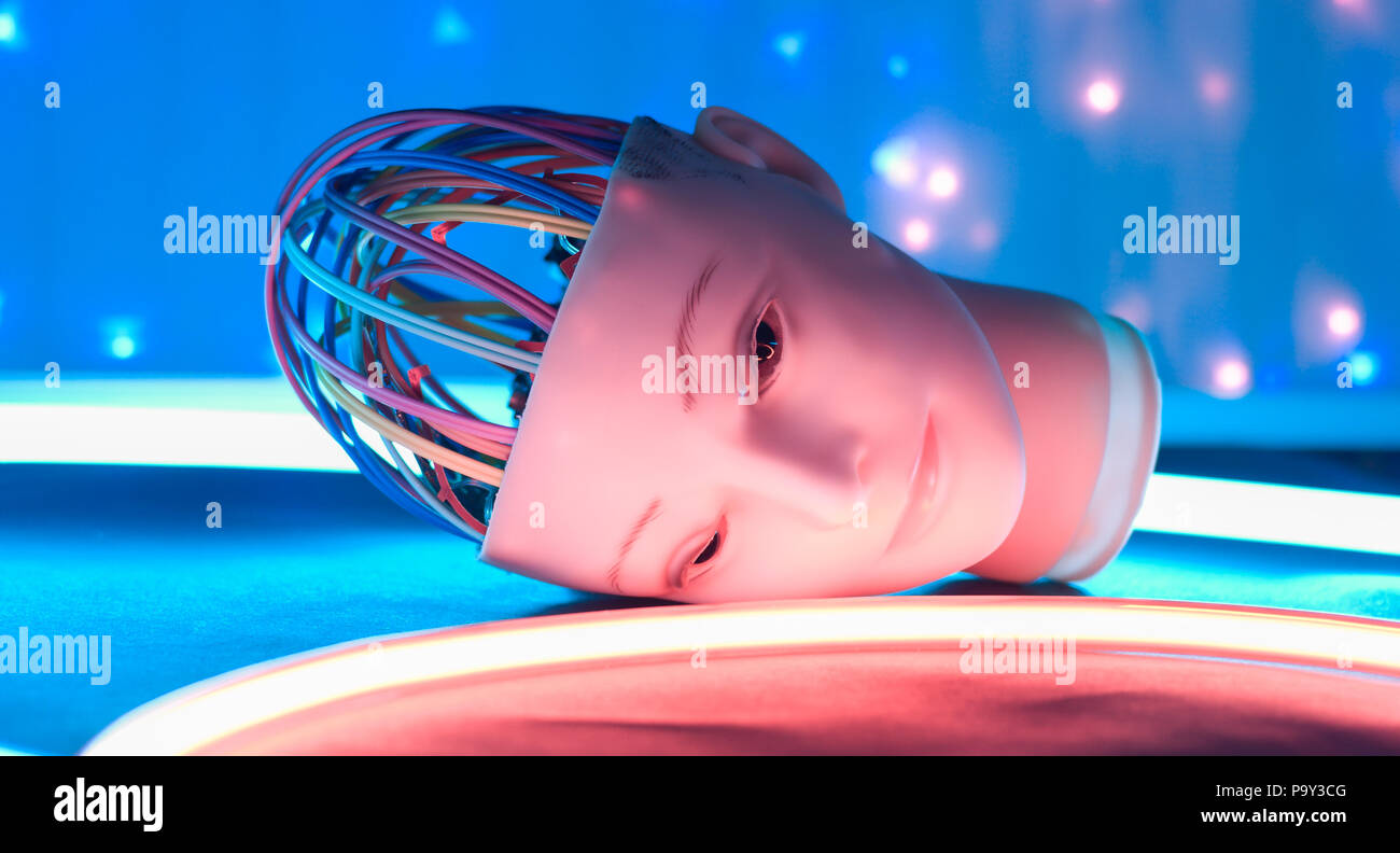 Humanoid robot head, artificial intelligence concept Stock Photo