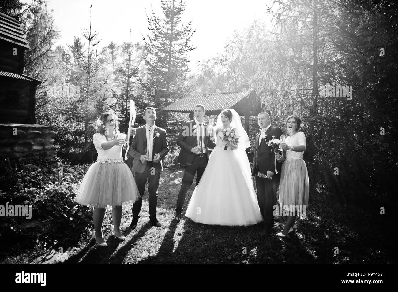 Bridesmaid opening up the bottle of champagne next to the wedding couple and another bridesmaid with groomsmen. Stock Photo