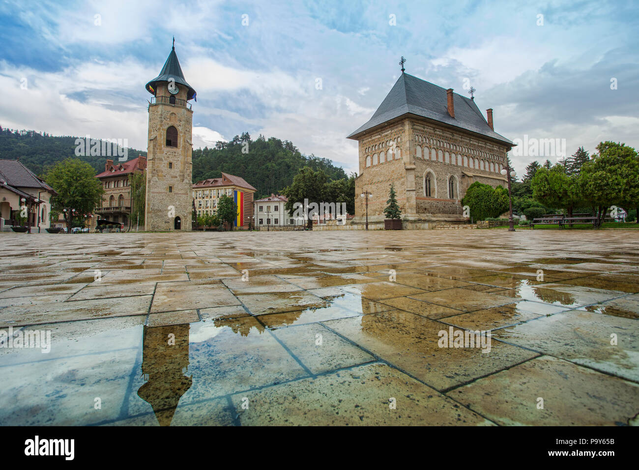 Piatra Neamt city center in Romania. Wide view after rain Stock Photo
