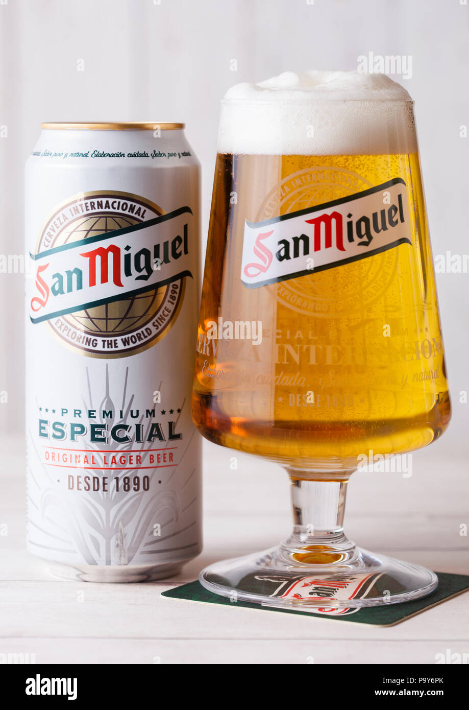 LONDON, UK - APRIL 27, 2018: Aluminium can of San Miguel lager beer on  wooden background with original glass. The San Miguel brand of beer is the  lead Stock Photo - Alamy