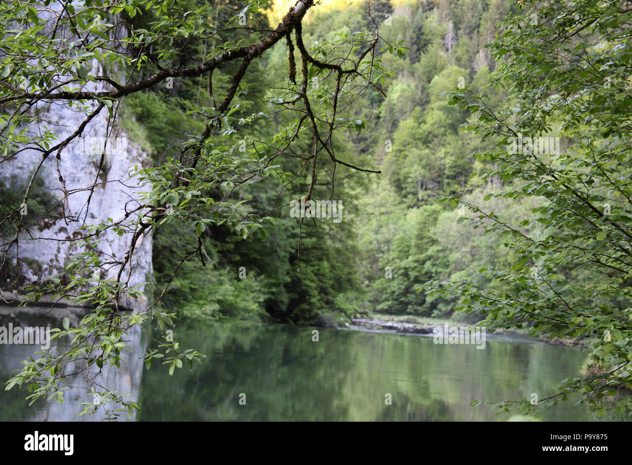 Views from Restaurant du Theusseret of the Doubs River, Jura in Switzerland. Stock Photo