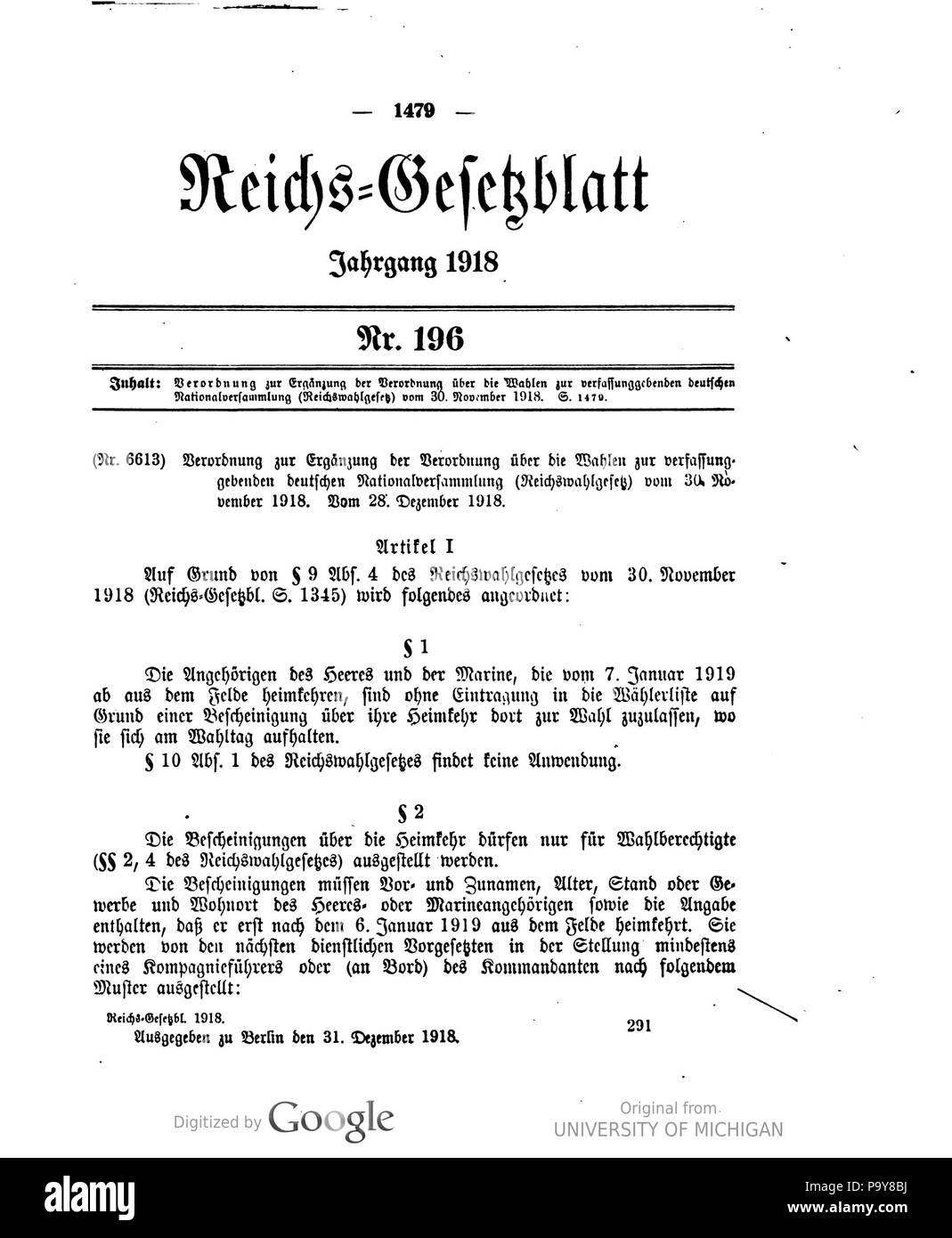 485 Deutsches Reichsgesetzblatt 1918 196 1479 Stock Photo