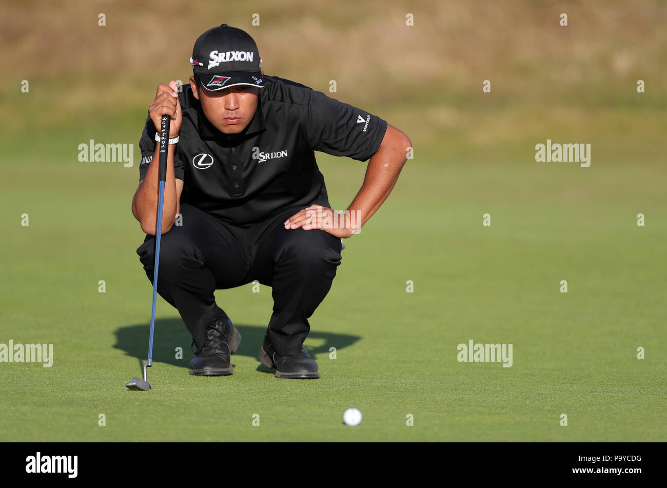 Japan's Hideki Matsuyama lines up a putt on the 15th during day one of The Open Championship 2018 at Carnoustie Golf Links, Angus. PRESS ASSOCIATION Photo. Picture date: Thursday July 19, 2018. See PA story GOLF Open. Photo credit should read: Richard Sellers/PA Wire. RESTRICTIONS: Editorial use only. No commercial use. Still image use only. The Open Championship logo and clear link to The Open website (TheOpen.com) to be included on website publishing. Stock Photo
